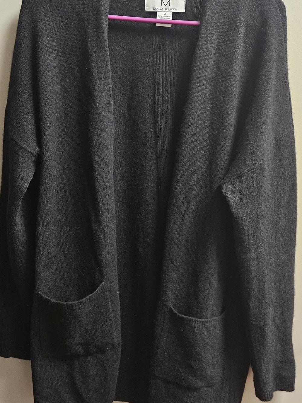 Magaschoni Black Open-Front Cardigan with Patch Pockets.100 % Cashmere,Cozy Fall